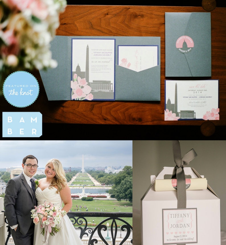May include: A wedding invitation suite in grey and blue featuring a stylised illustration of the Washington Monument and cherry blossoms. The invitation includes the couple's names, wedding date, and the text "Welcome to our wedding!"