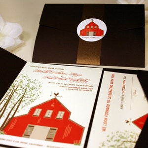 May include: A wedding invitation with a red barn illustration and the text "Together with their parents Michelle Katherine Mayer + Neal Patrick Vojkosaky Invite you to celebrate their marriage Sunday November 20th 2011 3:30 in the afternoon".