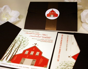 Red Barn Wedding Invitations Sample, Rustic Wedding Invitation Printable, Country Invitation Vintage Wedding Fall Wedding Invite, Pocketfold