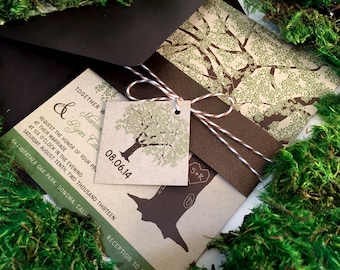 Exemple d’invitation de mariage rustique, invitation de mariage de chêne sur papier kraft, bandeau, étiquette de ficelle brune, enregistrer la date, douche, imprimable
