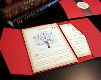 Vintage Book Winter Wedding Invitation Set, Snow and Tree Vintage Wedding Invitations, Rustic Wedding Invitation Red Birds Blue WeddingTree