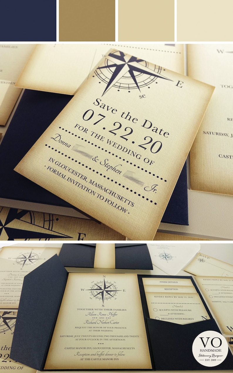 Vintage Compass Wedding Save the Date Card, Navy Blue Postcard, Nautical Pocketfold Wedding Invitations, Beach Wedding Invites, Boat Yacht image 1