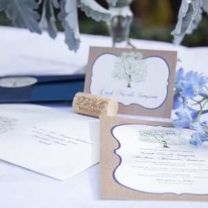 Tree Wedding Invitation Navy, with Woodgrain, Invitation Sample, Navy Pocketfold, Rustic Invitation Suite image 2