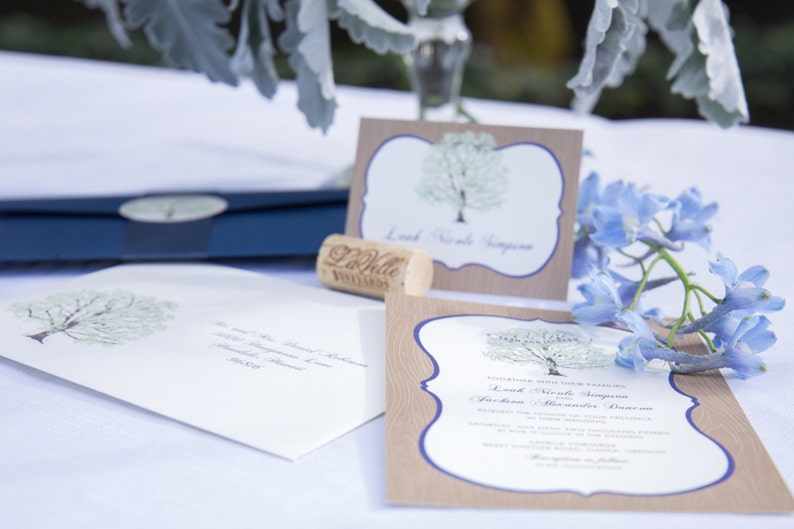 Tree Wedding Invitation Navy, with Woodgrain, Invitation Sample, Navy Pocketfold, Rustic Invitation Suite image 2