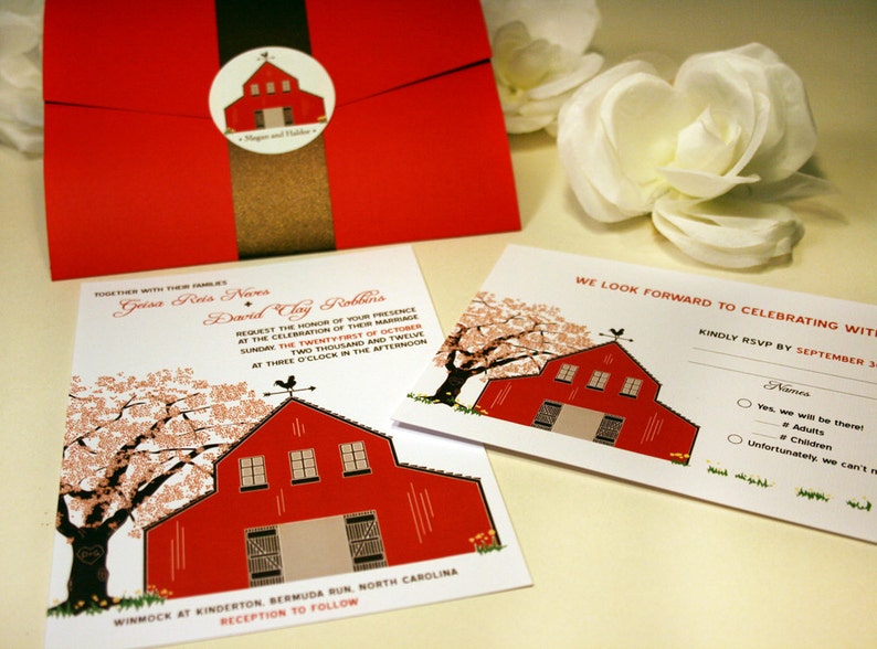 May include: A red barn wedding invitation with a white background and a cherry blossom tree. The invitation includes the names Geisa Reis Nares and David Clay Rollins, the date Sunday, October 21, 2012, and the time 3:00 PM. The invitation also includes the location Winmock at Kinderton, Bermuda Run, North Carolina. The invitation includes a RSVP card with the text "We look forward to celebrating with you!" and a request to RSVP by September 3rd.