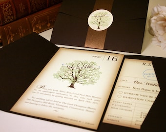 Vintage Buch HochzeitSeinladung, Rustikale Hochzeitseinladungen Vintage Baum Einladung Bibliothekar Nerd Geek Einladung Bücherwurm Bibliothek RSVP Set