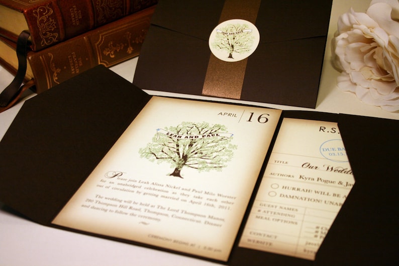 Vintage Book Wedding Invitation, Rustic Wedding Invitations Vintage Tree Invitation Librarian Nerd Geek Invitation Bookworm Library RSVP Set image 1