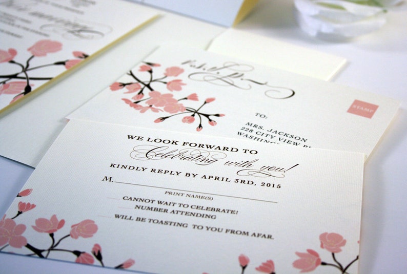 Cherry Blossom Wedding Invitations Sample with Pocketfold | Etsy