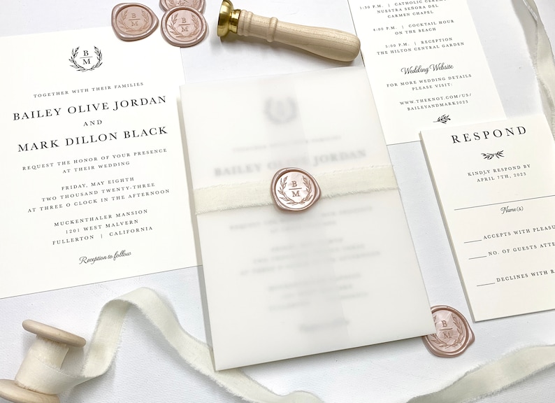 Champagne Pink and Ivory Wedding Invitation Suite with Wreath Crest Monogram image 3