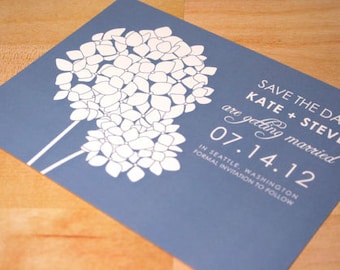 Hydrangea Save the Date Card, Floral Save the Date Postcards, Hydrangea Wedding Invitation Suite, Blue Flower Cards,Ivory Modern Wedding Set