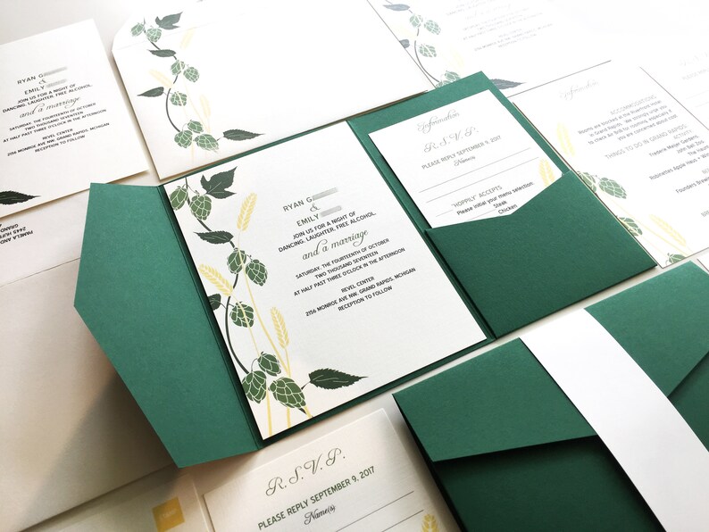 Beer Wedding Invitation, Sustainable Wedding Invite, Eco-friendly Invitations, Green Red Recycled Pocketfold, Kraft Beer Lover, Northwest image 9