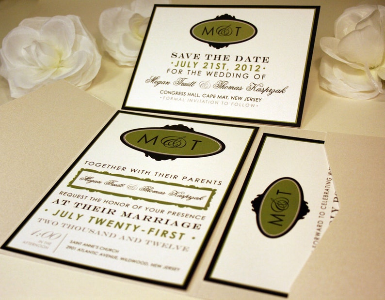 May include: Save the date wedding announcement with black and green lettering. The announcement includes the couple's names, Megan Fruitt and Thomas Kasprzak, the date 21st July 2012, and the location, Congress Hall, Cape May, New Jersey.