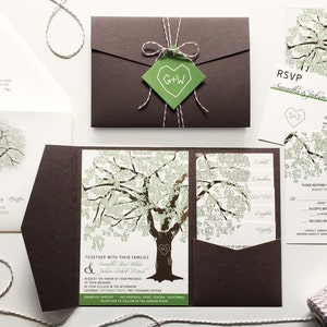May include: A wedding invitation suite in green and brown tones. The invitation features a stylised tree with a heart at its centre. The RSVP card has a tree design and the text "RSVP Samantha & Jacob".