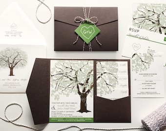 Eichenbaum Hochzeitseinladungen, Rustikale Hochzeitseinladungen, Sommer Hochzeitseinladungen, günstige Duschtaschenfach-Suite Frühling, RSVP