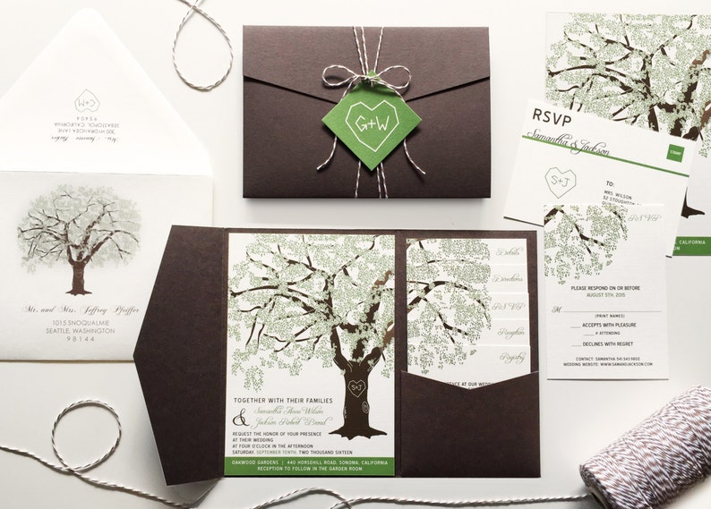 Oak Tree Wedding Invitations, Rustic Wedding Invitation Set, Summer Wedding Invites, Cheap Shower Pocketfold Suite Spring, RSVP image 1