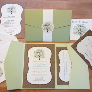 Tree Wedding Invitation Navy, with Woodgrain, Invitation Sample, Navy Pocketfold, Rustic Invitation Suite image 3