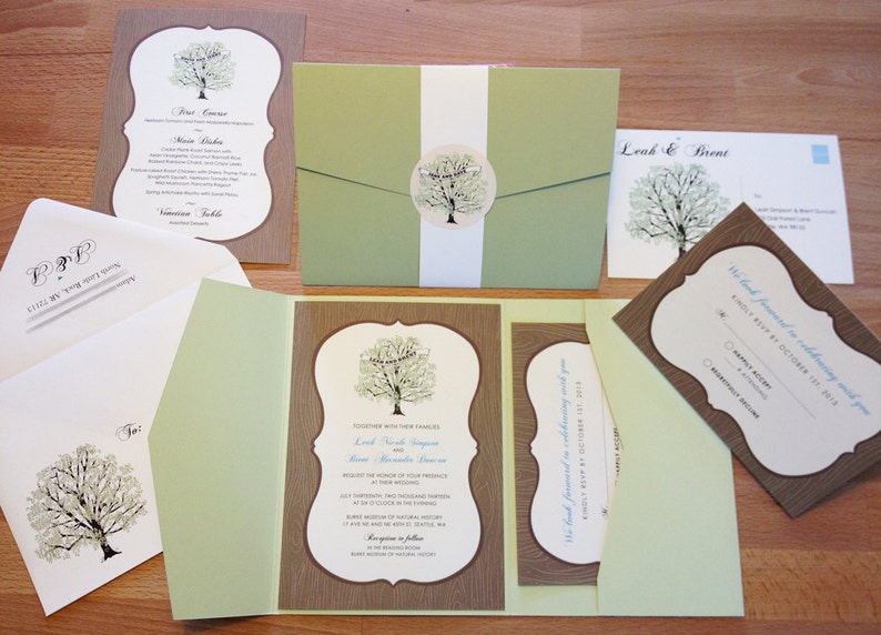 Tree Wedding Invitation Navy, with Woodgrain, Invitation Sample, Navy Pocketfold, Rustic Invitation Suite image 3