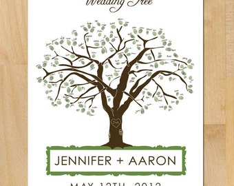 Printable Wedding Guest &#39;Book&#39; Poster, Oak Tree with Carved Heart & Initials Wedding Tree Customized Colors Wedding Poster Guest Thumb Print