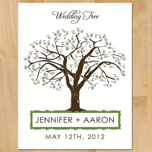 Printable Wedding Guest 'Book' Poster, Oak Tree with Carved Heart & Initials Wedding Tree Customized Colors Wedding Poster Guest Thumb Print