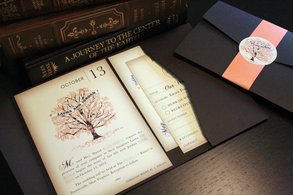 Fall Vintage Book Wedding Invitation Pocketfold Wedding Invitations Fall Wedding Invite Orange Rustic Wedding Invitation Book
