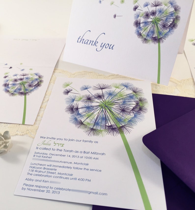 Dandelion Bat Mitzvah Invitation Sample, Blue Purple Dandelion Invitation, Flower Bat Mitzvah Invitations, Printable Invitation, Thank You image 5