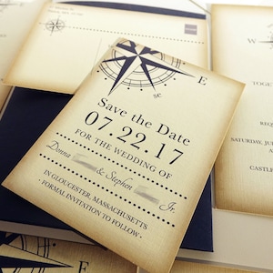 Vintage Compass Wedding Invitation, Navy Blue Nautical Blue Pocketfold Wedding Invitations, Beach Wedding Invites, Boat Wedding Yacht image 3