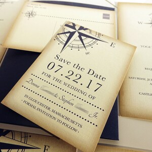 Vintage Compass Wedding Save the Date Card, Navy Blue Postcard, Nautical Pocketfold Wedding Invitations, Beach Wedding Invites, Boat Yacht image 4