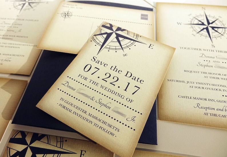 Vintage Compass Wedding Save the Date Card, Navy Blue Postcard, Nautical Pocketfold Wedding Invitations, Beach Wedding Invites, Boat Yacht image 4