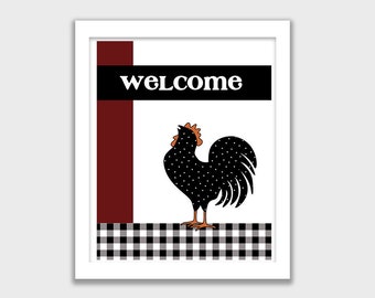 Rooster Farmhouse DIGITAL DOWNLOAD Design with Black and Red and Buffalo Check, Polkadot Rooster, Instant Download 7 files