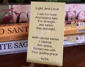 Light and Love affirmation pocket card can be recited for healing, cleansing, and protection. Popular for lighting incense, candles, sage.