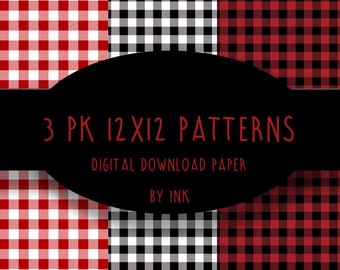 Red and White, Black and Red, Buffalo Plaid, Gingham Check, PolkaDot, INSTANT DIGITAL DOWNLOAD 3 Jpg files, 12 x12 papers