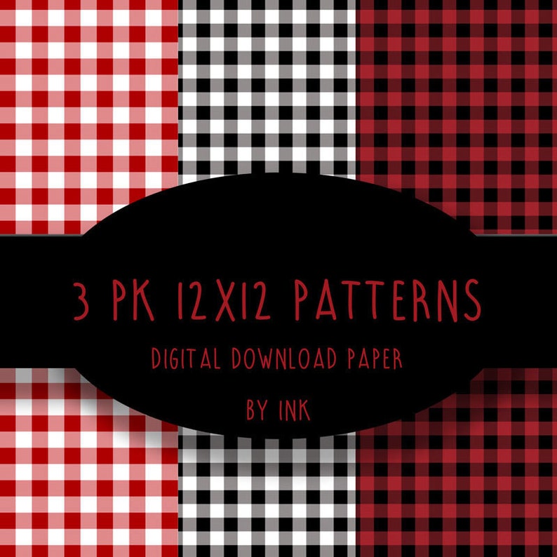 Red and White, Black and Red, Buffalo Plaid, Gingham Check, PolkaDot, INSTANT DIGITAL DOWNLOAD 3 Jpg files, 12 x12 papers image 1