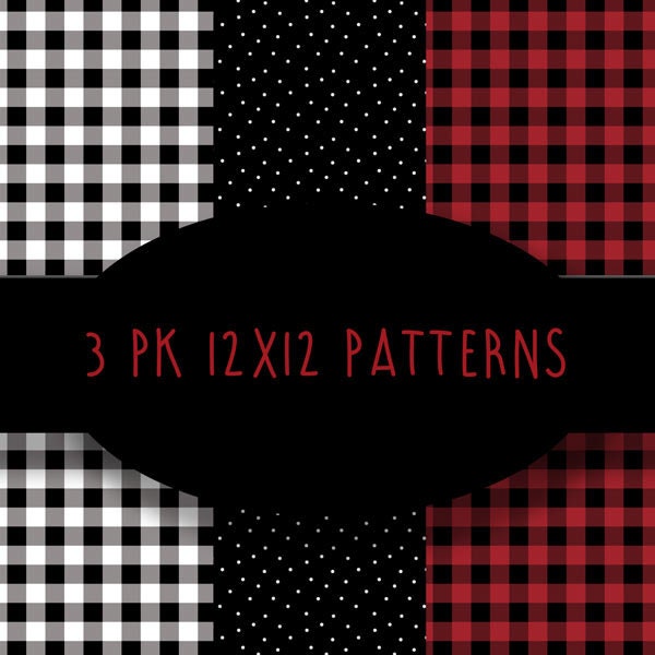 Red and Black, and White and Black, Buffalo Plaid Paper, PolkaDot, INSTANT DIGITAL DOWNLOAD, 3 files, 12 x12 papers in package