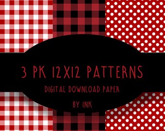 Red and Black, and White and Black, Buffalo Plaid Paper, PolkaDot, INSTANT DIGITAL DOWNLOAD, 3 files, 12 x12 papers in package