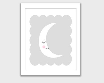 Cute Gray and White Moon Printable, INSTANT DOWNLOAD, Nursery Wall Art, Kids Room, Childs Art Decor, Mix and Match your set