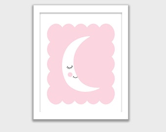 Cute Pink and White Moon Printable, INSTANT DOWNLOAD, Nursery Wall Art, Kids Room, Childs Art Decor, Mix and Match your set