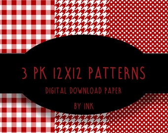 Red and White Patterns, Houndstooth, Buffalo Plaid, Gingham Check, PolkaDot, INSTANT DIGITAL DOWNLOAD 3 Jpg files, 12 x12 papers in package
