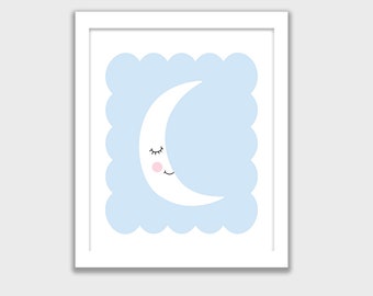 Cute Blue and White Moon Printable, INSTANT DOWNLOAD, Nursery Wall Art, Kids Room, Childs Art Decor, Mix and Match your set