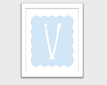 Letter V, Cute Alphabet Printable, Monogram, INSTANT DOWNLOAD, Blue V, Nursery Wall Art, Kids Room, Childs Art Decor, Mix and Match your set