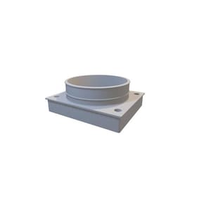 May include: A light gray, plastic plumbing fitting with a square base and a circular top. The base has four holes, and the top has a raised, cylindrical section. The fitting is designed for connecting pipes.