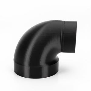 May include: A black 90-degree elbow pipe fitting. The fitting has a curved design and is made of a solid, matte black material. The surface shows visible layer lines from the 3D printing process. The pipe fitting is designed to connect two pipes at a right angle.