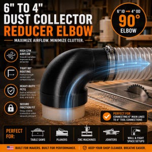May include: A black 6-inch to 4-inch dust collector reducer elbow with a 90-degree angle. The component features a smooth transition design, a metal hose clamp, and a translucent flexible hose attached. Text includes 6" TO 4" DUST COLLECTOR REDUCER ELBOW.