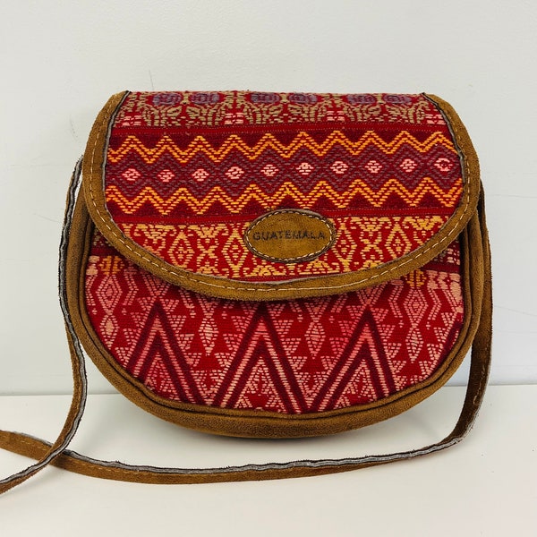 Red Tribal Print Fabric and Suede Guatemalan Crossbody Bag