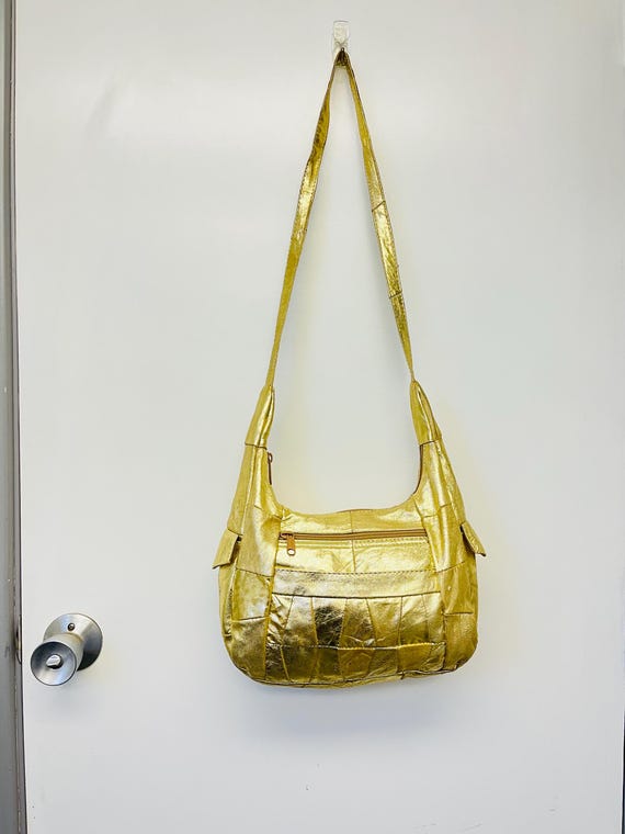 Glam Metallic Gold Leather Patchwork Shoulder Bag - image 6