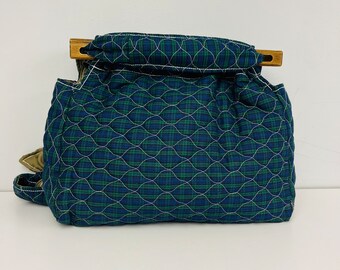 ONE DOLLAR SALE Navy and Green Quilted Plaid Wood Frame Shoulder Bag