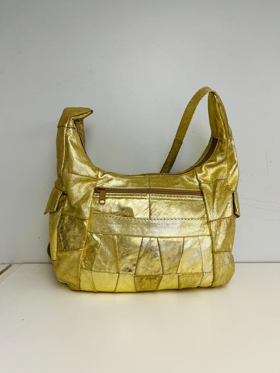 Glam Metallic Gold Leather Patchwork Shoulder Bag - image 1