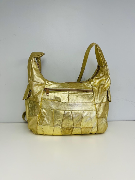Glam Metallic Gold Leather Patchwork Shoulder Bag - image 5