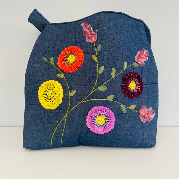 ONE DOLLAR SALE Hippie Puffy Denim and Colorful Flowers Shoulder Bag