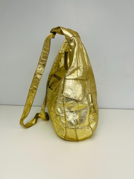 Glam Metallic Gold Leather Patchwork Shoulder Bag - image 3