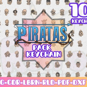 Puede incluir: Imagen que muestra 101 diseños de llaveros con personajes de piratas de dibujos animados. El diseño central presenta la palabra "PIRATAS" y "PACK KEYCHAIN", con "101 KEYCHAIN" en la parte superior derecha. La parte inferior de la imagen muestra "SVG-CDR-LBRN-RLD-PDF-DXF".